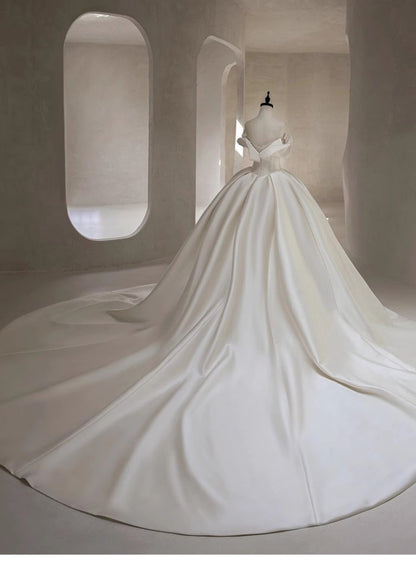 Pretty Wedding Dress Ball Gown Off The Shoulder White Long Satin Wedding Dresses Bridal Gowns Brides Gown DH109