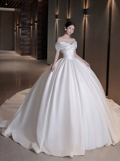 Pretty Wedding Dress Ball Gown Off The Shoulder White Long Satin Wedding Dresses Bridal Gowns Brides Gown DH109