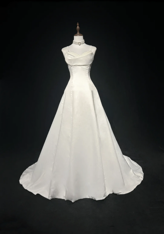 Vintage Bridal Gown 1960s Ball Gown Spaghetti Straps Sleeveless Satin Beads Long White 90s Wedding Dresses Elegant Bridal Gowns DH1101