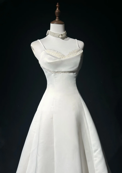 Vintage Bridal Gown 1960s Ball Gown Spaghetti Straps Sleeveless Satin Beads Long White 90s Wedding Dresses Elegant Bridal Gowns DH1101
