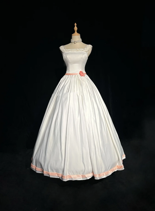 Vintage Bridal Gown Ball Gown Square Neck Sleeveless Satin Beads Long White 70s Wedding Dresses Elegant Bridal Gowns DH1102