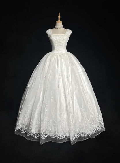 Vintage Bridal Gown Ball Gown Square Neck Sleeveless Tulle Lace Long White 70s Wedding Dresses Elegant Bridal Gowns DH1104