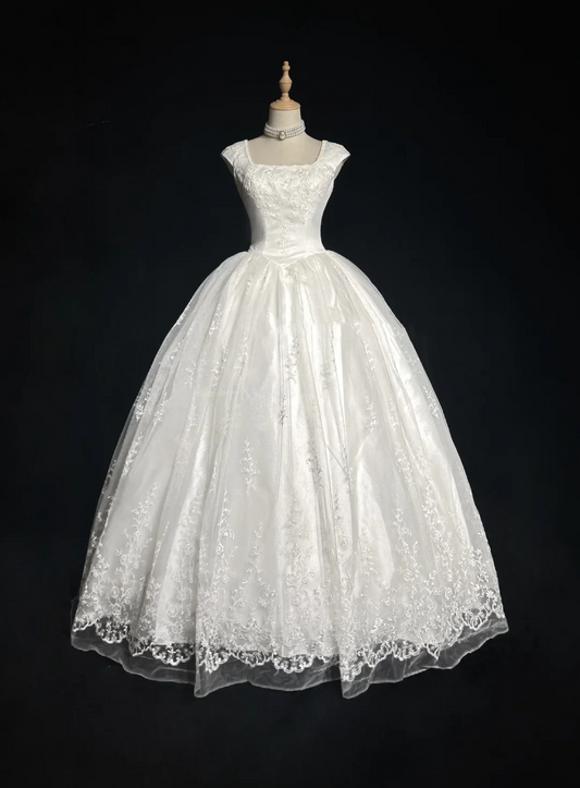 Vintage Bridal Gown Ball Gown Square Neck Sleeveless Tulle Lace Long White 70s Wedding Dresses Elegant Bridal Gowns DH1104