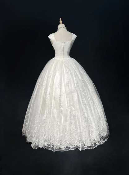 Vintage Bridal Gown Ball Gown Square Neck Sleeveless Tulle Lace Long White 70s Wedding Dresses Elegant Bridal Gowns DH1104