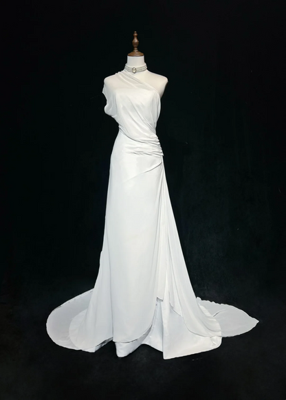 Vintage Bridal Gown 1960s A Line One Shoulder Chiffon Sleeveless Long White 90s Wedding Dresses Elegant Bridal Gowns DH1106