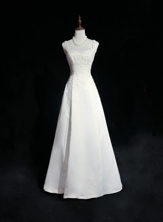Vintage Bridal Gown A line Square Neck Sleeveless Pearls Beads Long White 70s Wedding Dresses Elegant Bridal Gowns DH1108