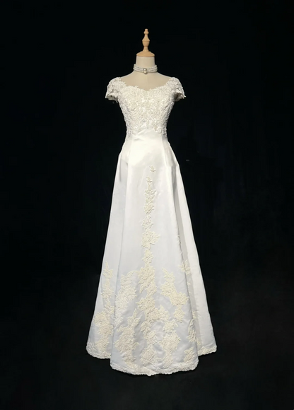 Vintage Bridal Gown 1960s A Line V Neck Short Sleeves Lace Pearls Long White 90s Wedding Dresses Elegant Bridal Gowns DH1109