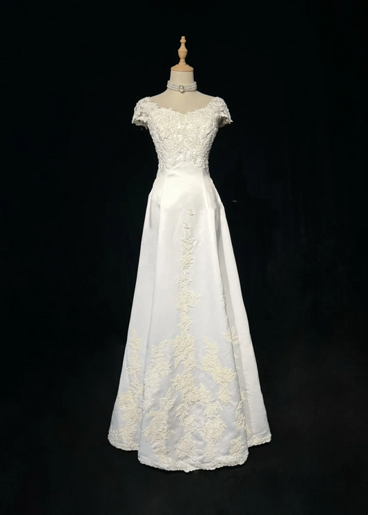 Vintage Bridal Gown 1960s A Line V Neck Short Sleeves Lace Pearls Long White 90s Wedding Dresses Elegant Bridal Gowns DH1109