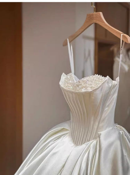Pretty Wedding Dress Ball Gown Sweetheart White Long Satin Wedding Dresses Bridal Gowns Brides Gown DH110