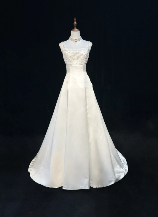 Vintage Bridal Gown A line Spaghetti Straps Sleeveless Pearls Long White 70s Wedding Dresses Elegant Bridal Gowns DH1111