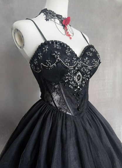 Vintage Ball Gown Spaghetti Straps Black Tulle Mini Short Formal 8th Grade Homecoming Dresses Summer Middle School Hoco Dress Homecoming Outfits Birthday Outfit DH1112