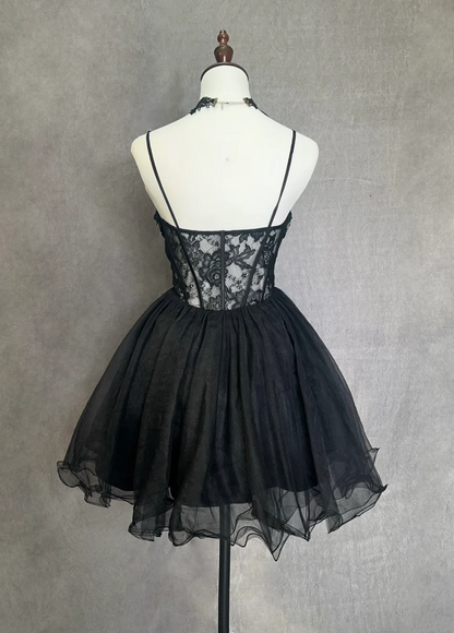 Vintage Ball Gown Spaghetti Straps Black Tulle Mini Short Formal 8th Grade Homecoming Dresses Summer Middle School Hoco Dress Homecoming Outfits Birthday Outfit DH1112