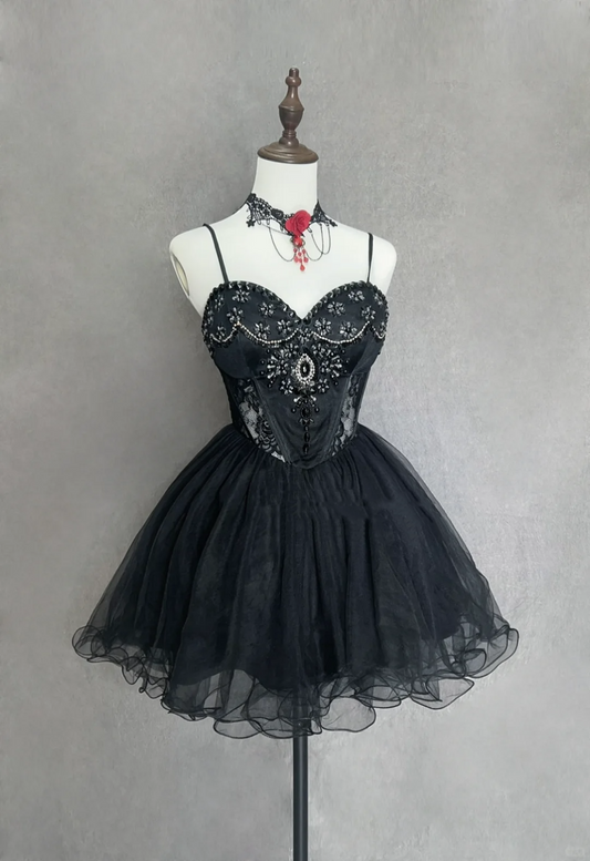 Vintage Ball Gown Spaghetti Straps Black Tulle Mini Short Formal 8th Grade Homecoming Dresses Summer Middle School Hoco Dress Homecoming Outfits Birthday Outfit DH1112
