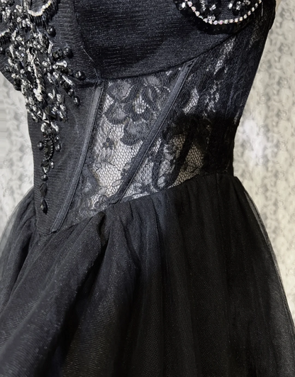 Vintage Ball Gown Spaghetti Straps Black Tulle Mini Short Formal 8th Grade Homecoming Dresses Summer Middle School Hoco Dress Homecoming Outfits Birthday Outfit DH1112
