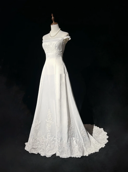 Vintage Bridal Gown A line Off The Shoulder Pearls Long White 70s Wedding Dresses Elegant Bridal Gowns DH1113