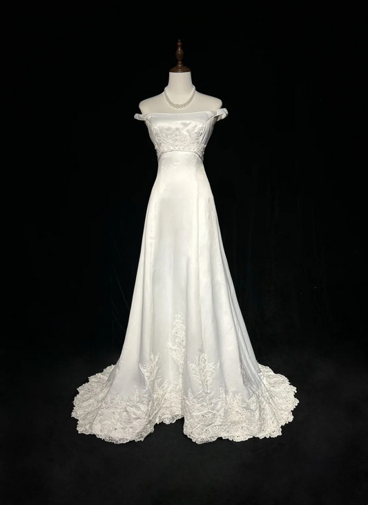 Vintage Bridal Gown A line Off The Shoulder Pearls Long White 70s Wedding Dresses Elegant Bridal Gowns DH1113