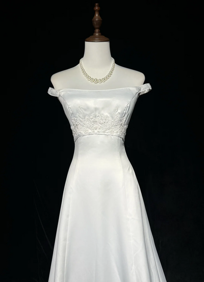 Vintage Bridal Gown A line Off The Shoulder Pearls Long White 70s Wedding Dresses Elegant Bridal Gowns DH1113