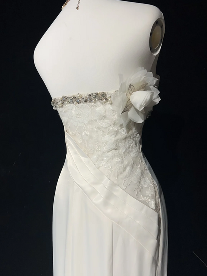 Unique Bridal Gown Mermaid Strapless Chiffon Sleeveless White 50s Wedding Dresses Modest Bridal Gowns DH1114