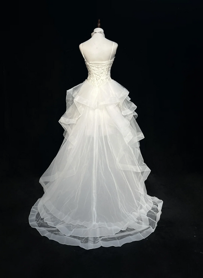 Unique Bridal Gown High Low Spaghetti Straps Lace Sleeveless White 50s Wedding Dresses Modest Bridal Gowns DH1115