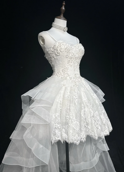 Unique Bridal Gown High Low Spaghetti Straps Lace Sleeveless White 50s Wedding Dresses Modest Bridal Gowns DH1115