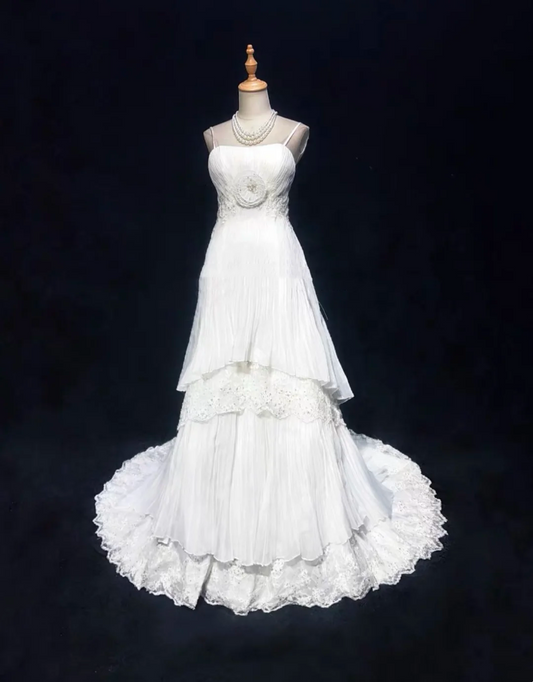 Unique Bridal Gown A Line Spaghetti Straps Lace Tulle Sleeveless White 50s Wedding Dresses Modest Bridal Gowns DH1116