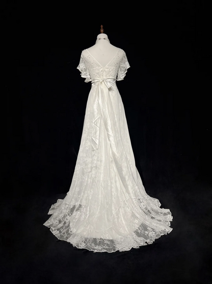 Vintage Bridal Gown 1960s A Line V Neck Short Sleeves Lace Beads Long White 90s Wedding Dresses Elegant Brides Gowns DH1118