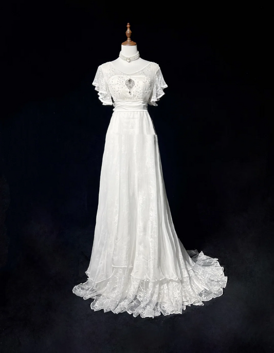 Vintage Bridal Gown 1960s A Line V Neck Short Sleeves Lace Beads Long White 90s Wedding Dresses Elegant Brides Gowns DH1118