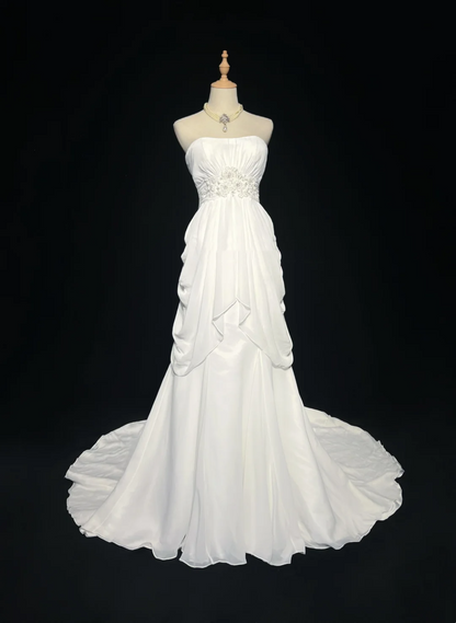 Retro Bridal Gown 1960s A line Strapless Sleeveless Chiffon Pleated Beads Long White Wedding Dresses Elegant Bridal Gowns DH1119