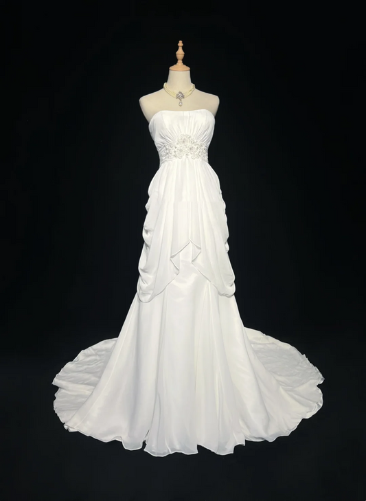Retro Bridal Gown 1960s A line Strapless Sleeveless Chiffon Pleated Beads Long White Wedding Dresses Elegant Bridal Gowns DH1119