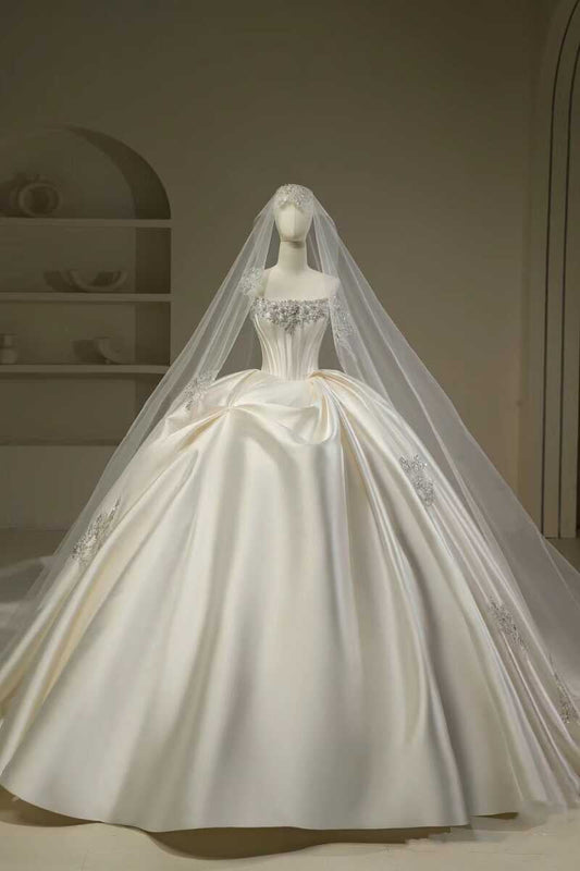 Pretty Wedding Dress Ball Gown Strapless White Long Satin Wedding Dresses Bridal Gowns Brides Gown DH111