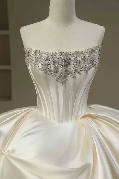 Pretty Wedding Dress Ball Gown Strapless White Long Satin Wedding Dresses Bridal Gowns Brides Gown DH111