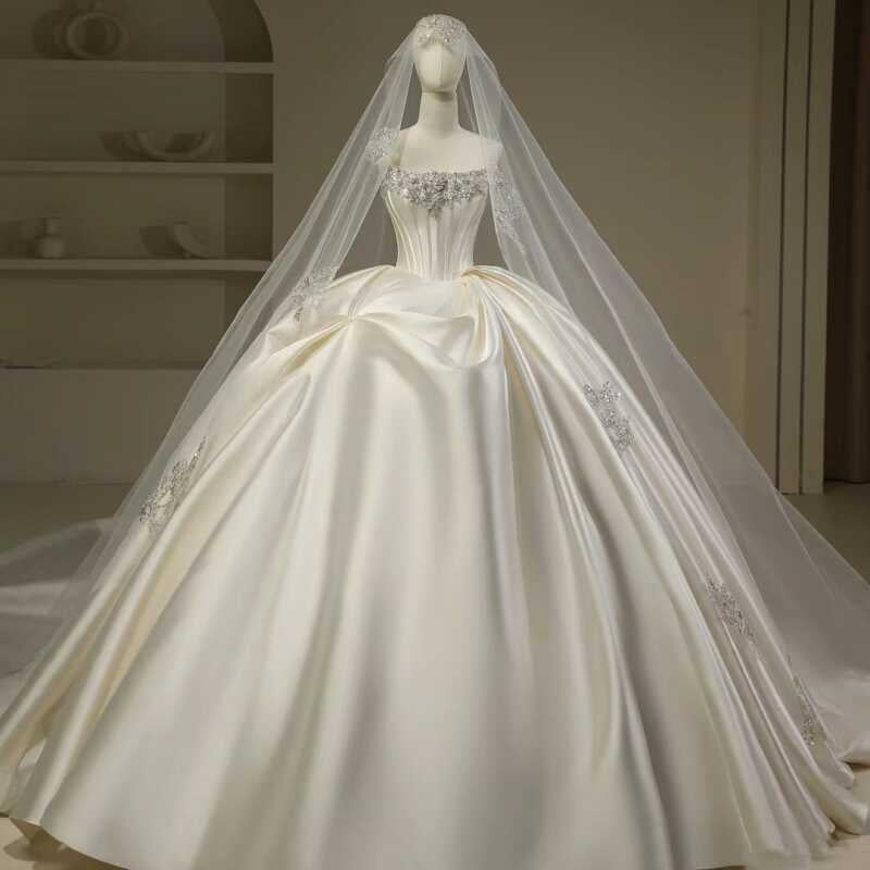 Pretty Wedding Dress Ball Gown Strapless White Long Satin Wedding Dresses Bridal Gowns Brides Gown DH111