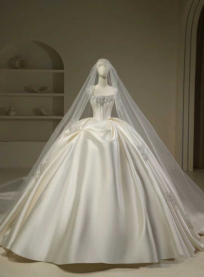 Pretty Wedding Dress Ball Gown Strapless White Long Satin Wedding Dresses Bridal Gowns Brides Gown DH111