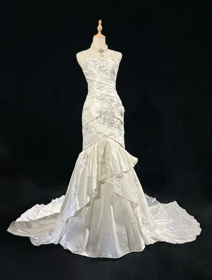 Retro Bridal Gown 1960s Mermaid Spaghetti Straps Sleeveless Lace Long White 60s Wedding Dresses Elegant Bridal Gowns DH1120