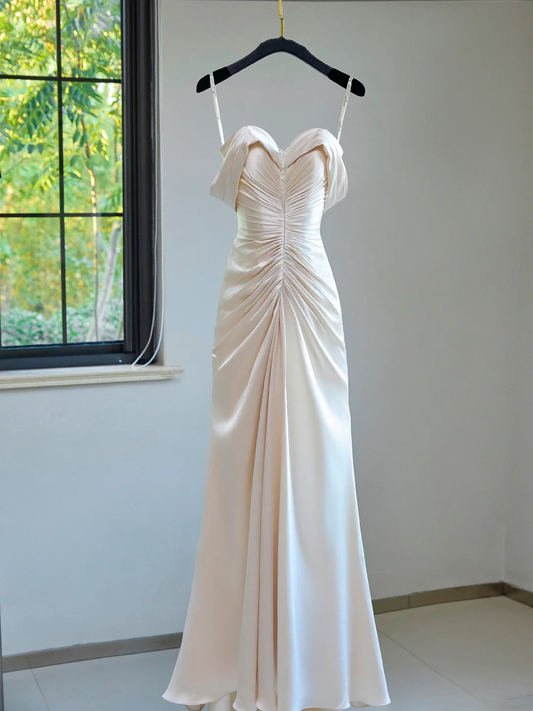 Modest Bridal Gown Sheath Off The Shoulder Light Pink Satin Pleated Long Wedding Dresses Elegant Bridal Gowns DH1122