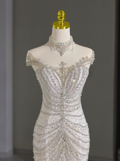 Modest Bridal Gown Mermaid Scoop Neck Cap Sleeves Tulle Silver Beads Long White Wedding Dresses Elegant Bridal Gowns DH1123