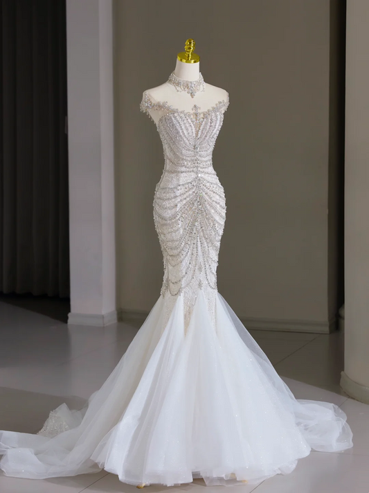 Modest Bridal Gown Mermaid Scoop Neck Cap Sleeves Tulle Silver Beads Long White Wedding Dresses Elegant Bridal Gowns DH1123