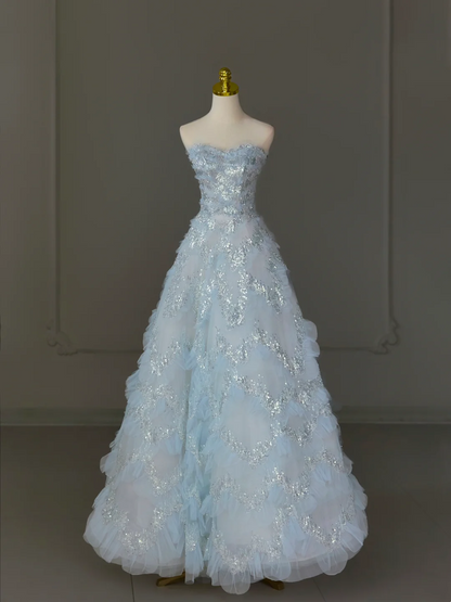 Pretty Ball Gown Sweetheart Tulle Light Blue Long Quinceanera Dress Formal Gowns Vestido De 15 Anos Sweet 16 Dress DH1124