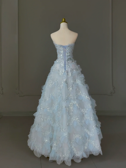 Pretty Ball Gown Sweetheart Tulle Light Blue Long Quinceanera Dress Formal Gowns Vestido De 15 Anos Sweet 16 Dress DH1124