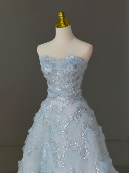 Pretty Ball Gown Sweetheart Tulle Light Blue Long Quinceanera Dress Formal Gowns Vestido De 15 Anos Sweet 16 Dress DH1124