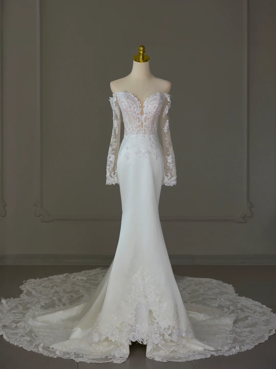 Modest Bridal Gown Mermaid Off The Shoulder White Long Sleeves Satin Lace Wedding Dresses Elegant Bridal Gowns DH1125