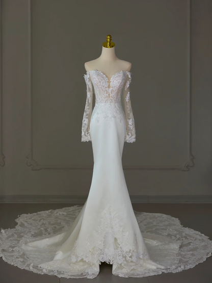 Modest Bridal Gown Mermaid Off The Shoulder White Long Sleeves Satin Lace Wedding Dresses Elegant Bridal Gowns DH1125