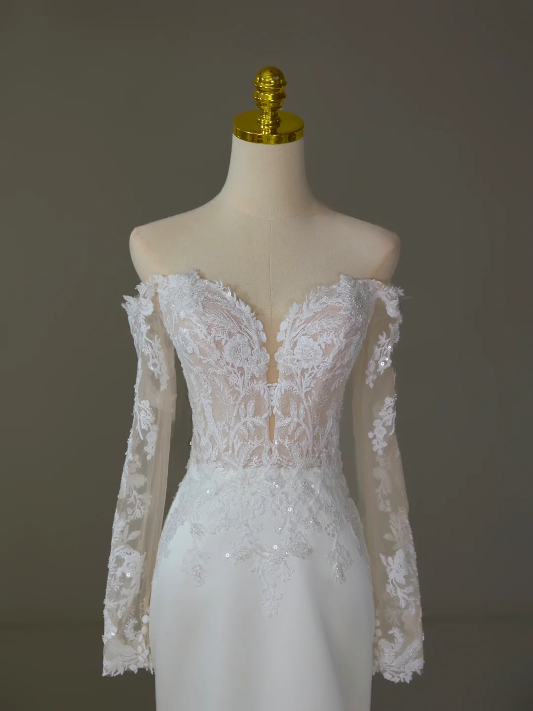 Modest Bridal Gown Mermaid Off The Shoulder White Long Sleeves Satin Lace Wedding Dresses Elegant Bridal Gowns DH1125