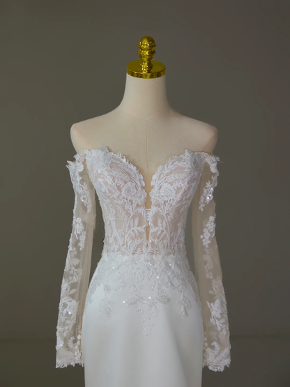 Modest Bridal Gown Mermaid Off The Shoulder White Long Sleeves Satin Lace Wedding Dresses Elegant Bridal Gowns DH1125
