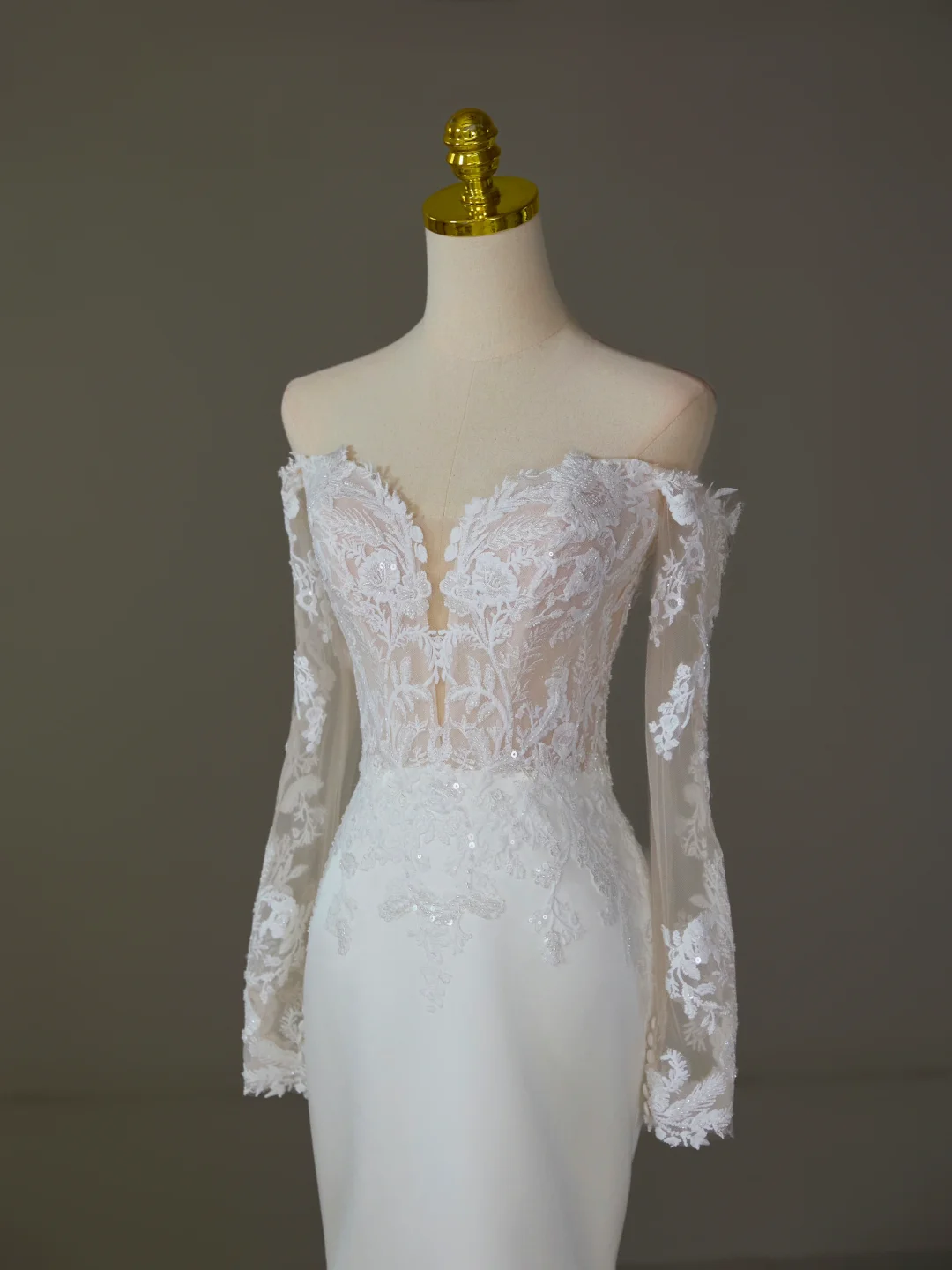 Modest Bridal Gown Mermaid Off The Shoulder White Long Sleeves Satin Lace Wedding Dresses Elegant Bridal Gowns DH1125