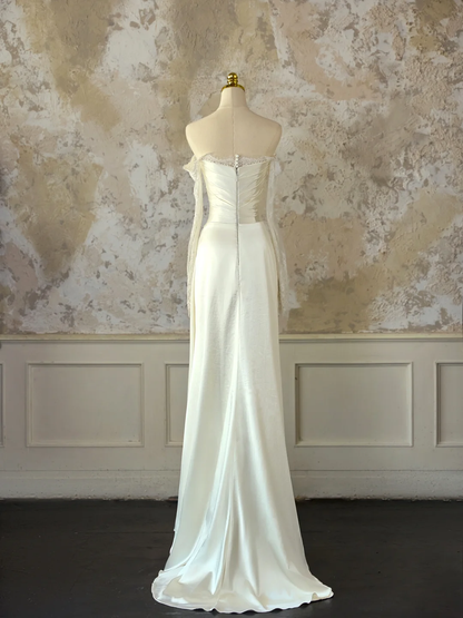 Modest Bridal Gown Mermaid Off The Shoulder Ivory Long Sleeves Satin Lace Wedding Dresses Elegant Bridal Gowns DH1126