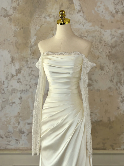 Modest Bridal Gown Mermaid Off The Shoulder Ivory Long Sleeves Satin Lace Wedding Dresses Elegant Bridal Gowns DH1126