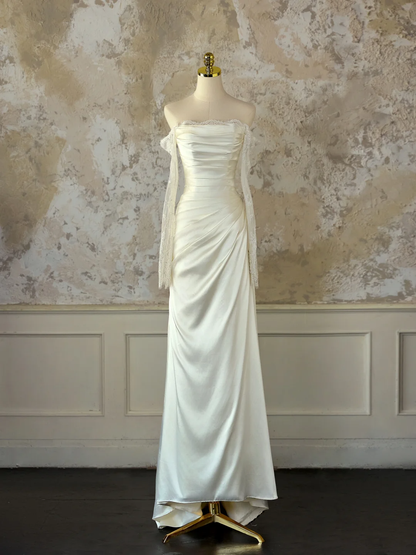 Modest Bridal Gown Mermaid Off The Shoulder Ivory Long Sleeves Satin Lace Wedding Dresses Elegant Bridal Gowns DH1126