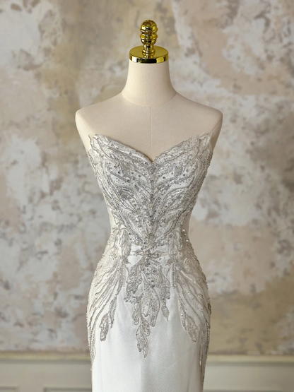 Modest Bridal Gown Mermaid Sweetheart Sleeveless Silver Beads Long White Wedding Dresses Elegant Bridal Gowns DH1128