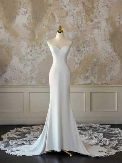 Modest Bridal Gown Mermaid Sweetheart Sleeveless Satin Long White Lace Wedding Dresses Elegant Bridal Gowns DH1131